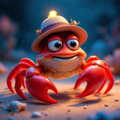 The primary subject of the image is a crab with a hat on its head. The crab is wearing a hat and has a light shining on it, giving it a unique and playful appearance. The setting is a beach, with rocks visible in the background. The visual style is a combination of digital art and illustration, creating a whimsical and imaginative scene. The colors and mood of the image are predominantly warm and inviting, with the light shining on the crab adding a sense of